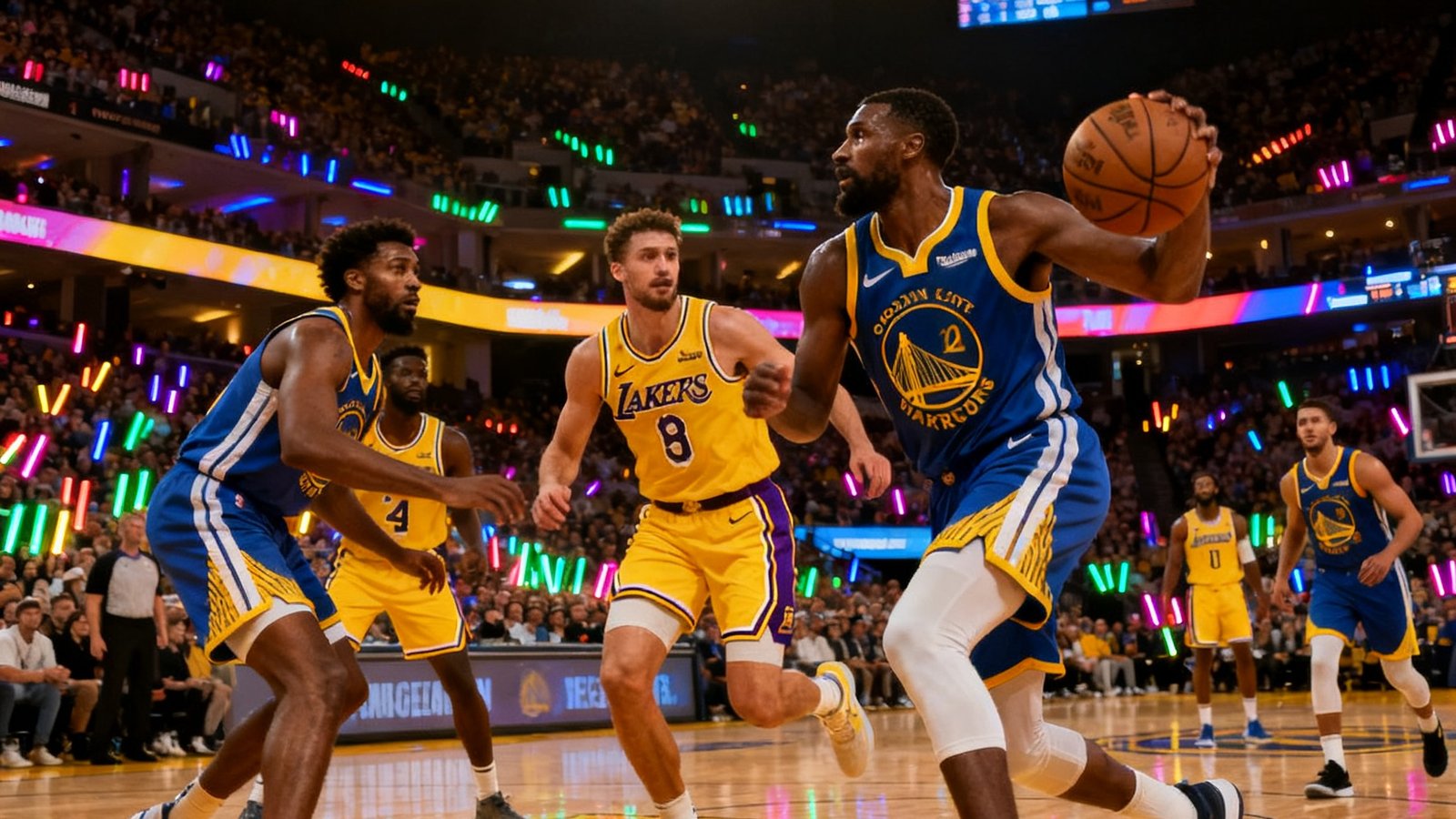 洛杉矶湖人队与金州勇士队的NBA常规赛高清直播画面，球员正在激烈对抗中，球馆灯光璀璨观众席座无虚席。